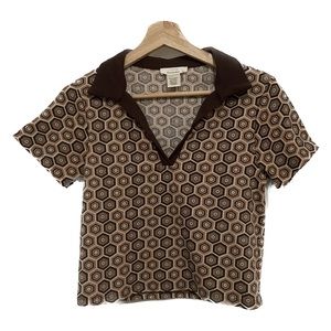 Urban Romantics Brown Geometric Patterned Collared Polo Crop Top